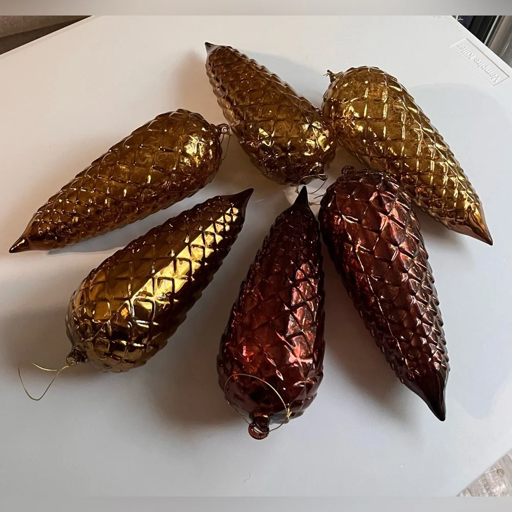 ▪️6 VINTAGE LARGE BLOWN BRONCE AMBER GLASS ORNAMENT PINE CONE